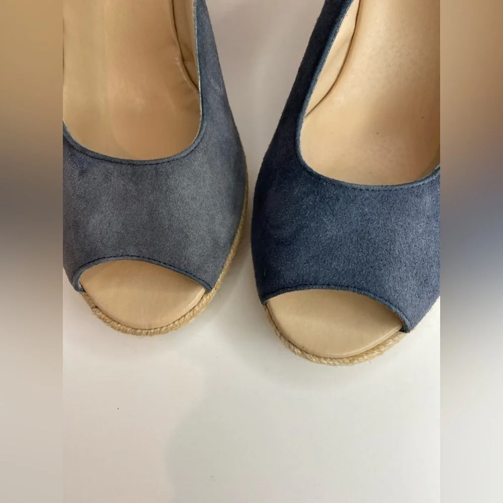 Audrey Brooke~Blue Faux Suede~Espadrille Cork Wedge~Peep Toe~Sandal~Size 8.5B